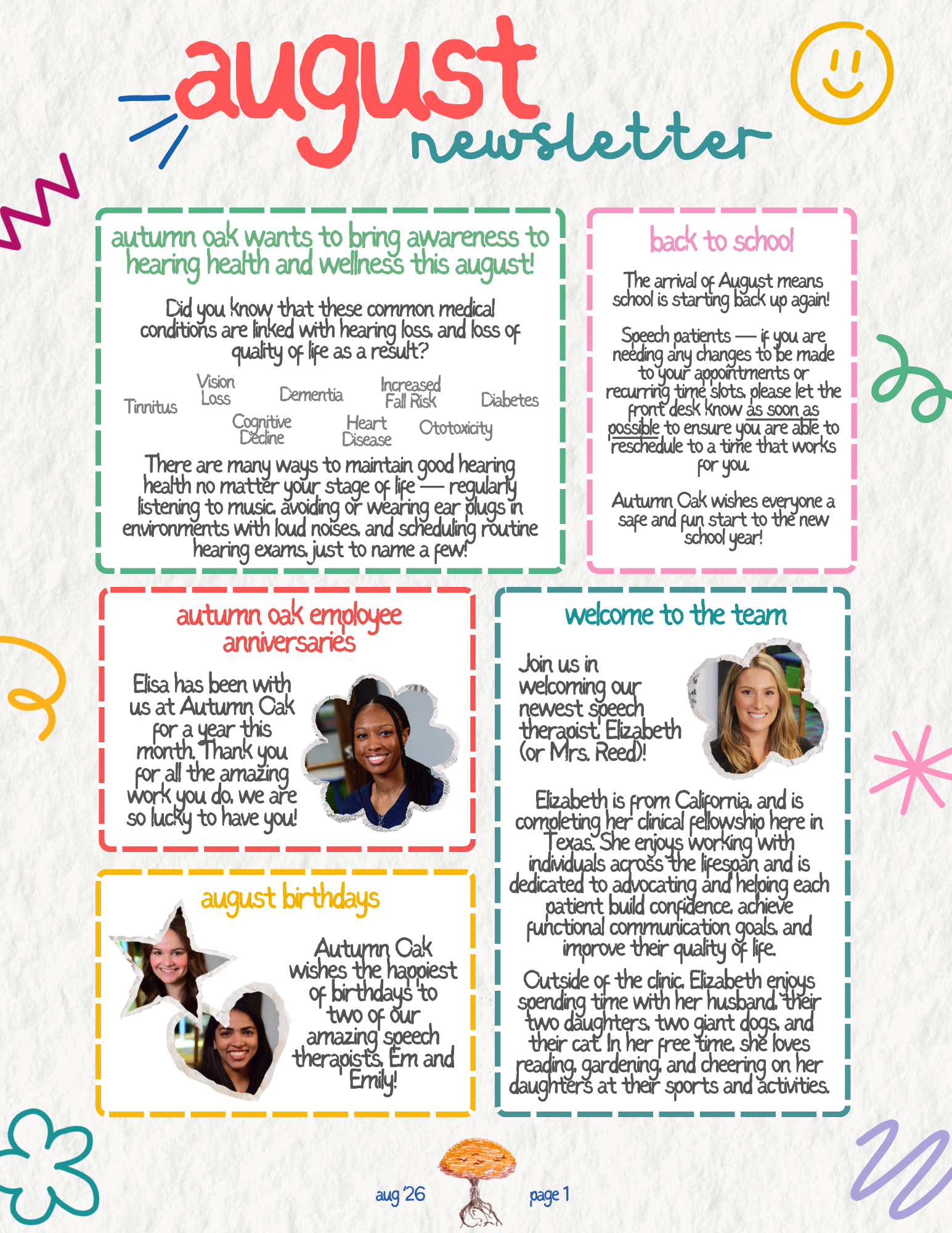 August 2026 Newsletter Page 1 from Autumn Oak Speech, Voice and Hearing in Friendswood, TX