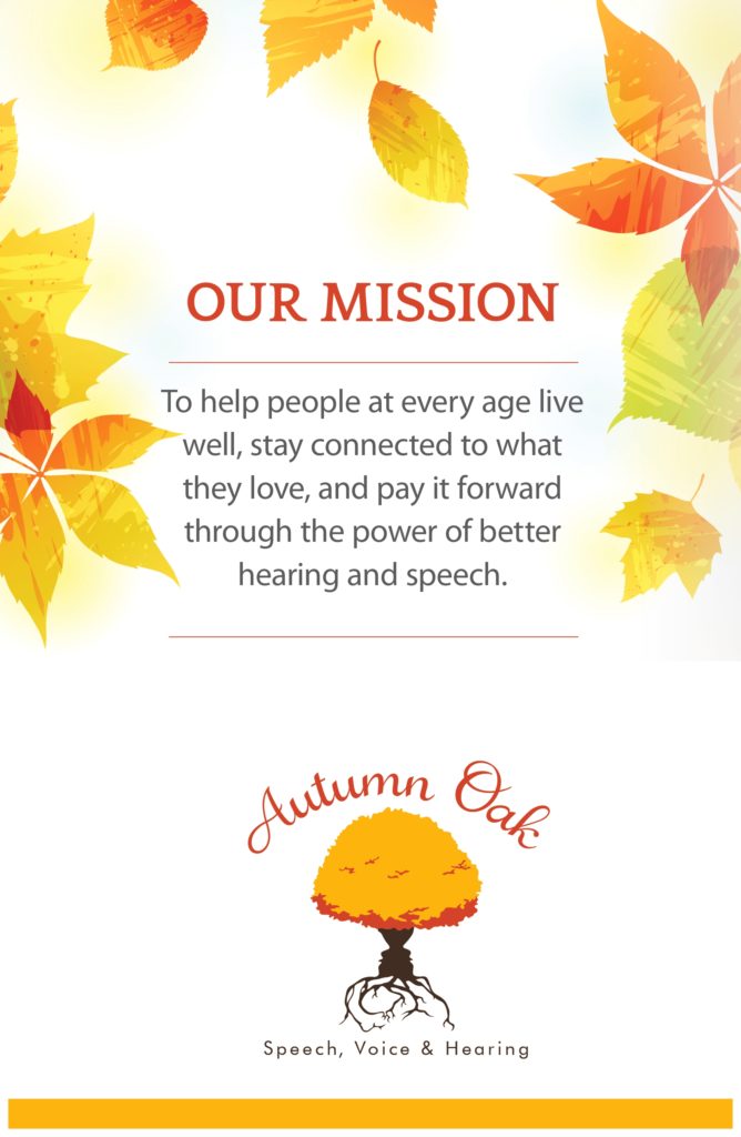 Speech and hearing center mission statement surrounded by autumn leaves